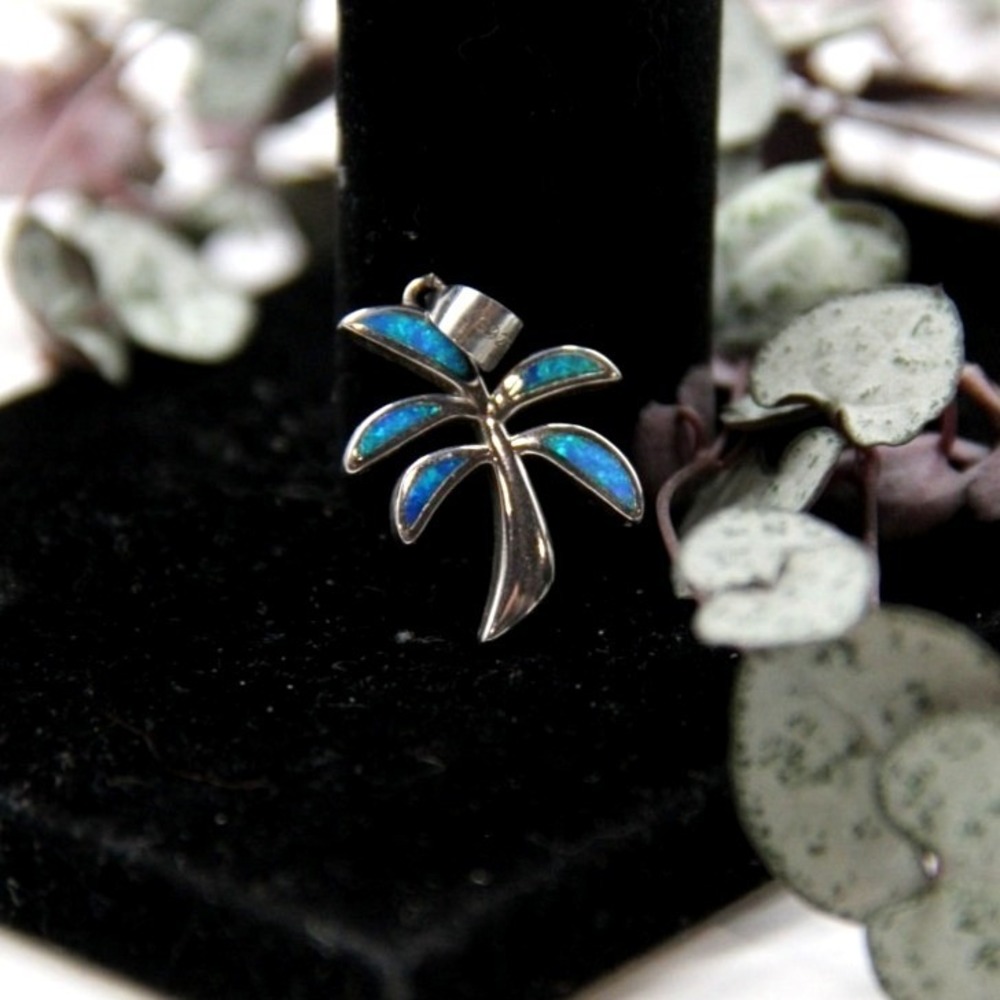 Sterling Silver Blue Opal Inlay Hawaiian Palm Tree Pendant S925 Tropical Beach